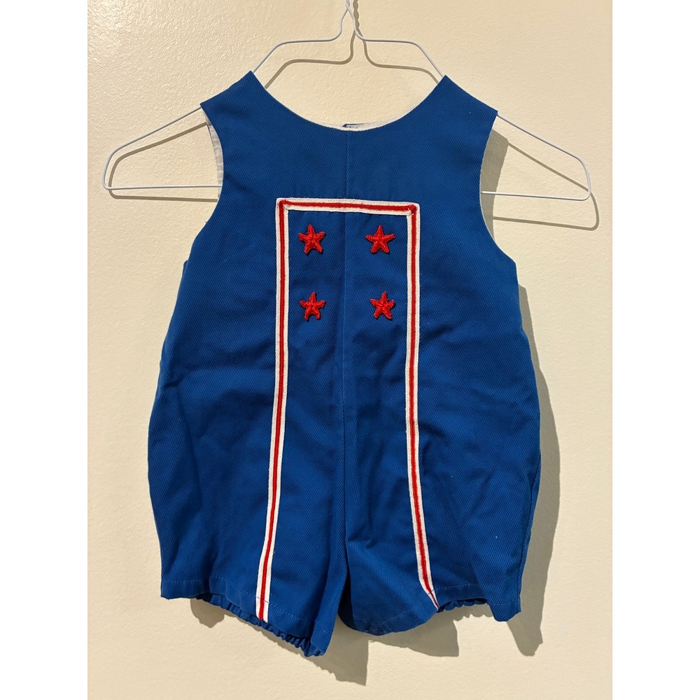 Vintage Toddle Tyke Blue Star Embroidered Bubble Sunsuit Romper Size 12-18M